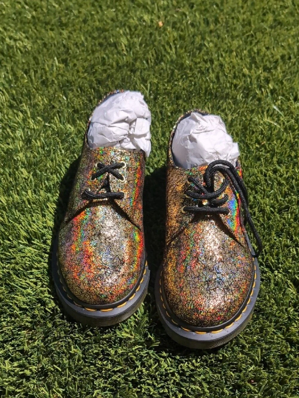 NEW Dr. Martens Gold Iridescent Holographic Lace-Up 1461 Oxford Rainbow Crackle